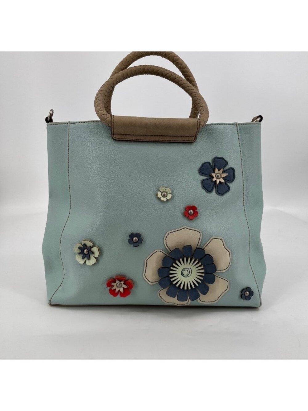 Relic Floral Applique Tote Bag Blue Pebbled Double Braided Handle Snap Pockets